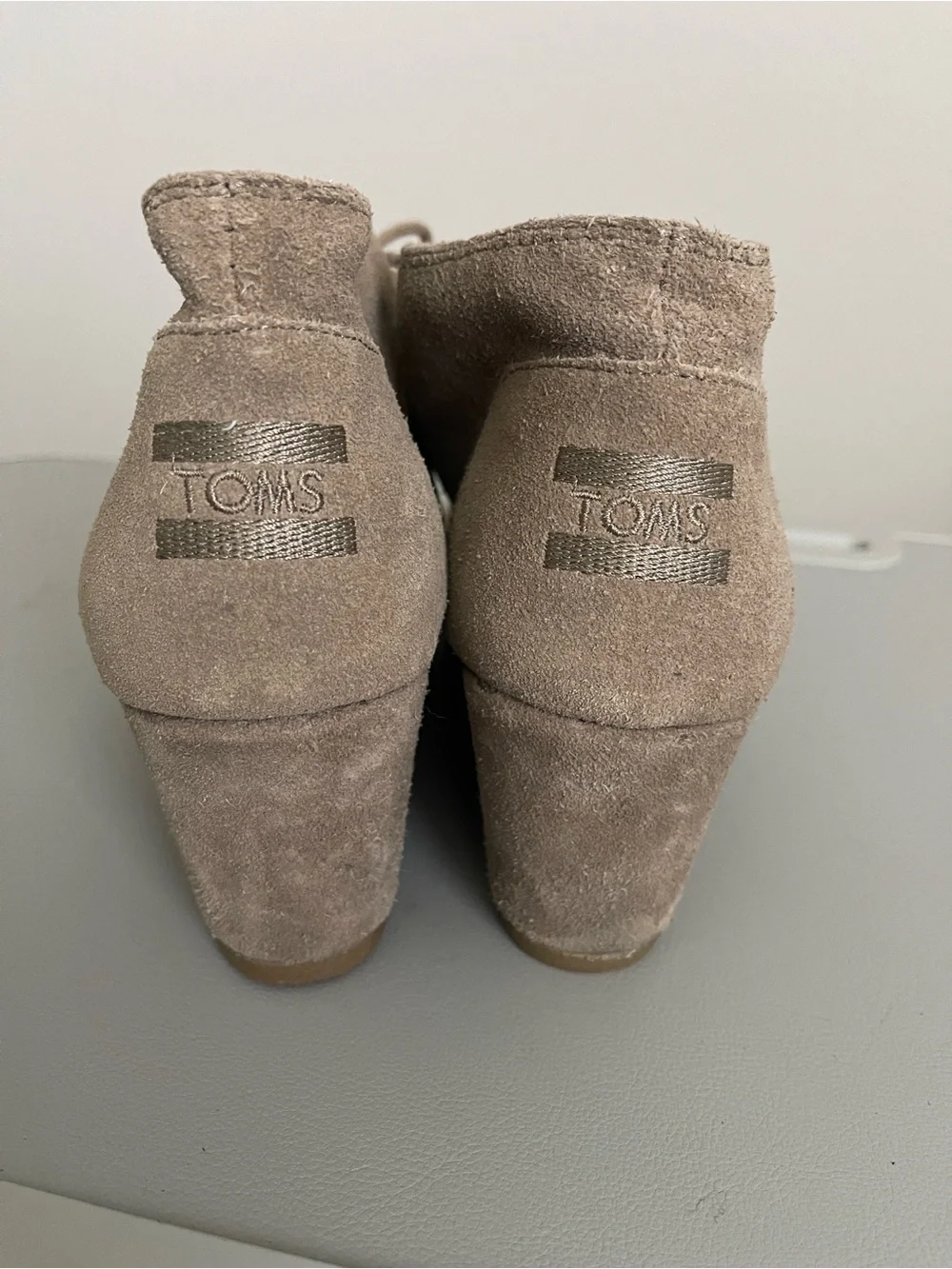 Toms Taupe Suede Lace-Up Wedge Booties